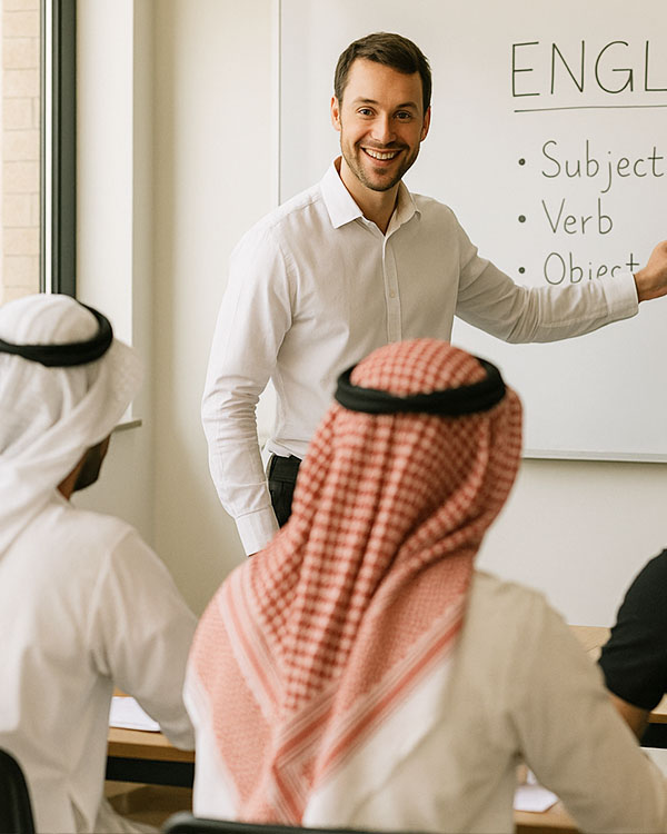 Smiling Indian Teacher Guy Posing Near Blackboard Standing At Ho